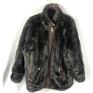 JLC Leather Jacket Womens M Brown Reversible Faux Mink Coat Mob Wife Old Money